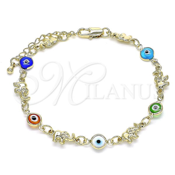 Pulsera Elegante 03.351.0128.08 Oro Laminado, Diseño de Elefante y Ojo Griego, Resinado Multicolor, Tono Dorado (07 MM Thickness, 8 Inches Length)