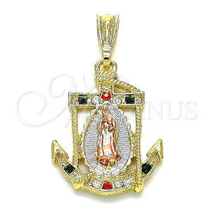 Dije Religioso 05.351.0056.2 Oro Laminado, Diseño de Guadalupe y Ancla, con Multicolor Cristal, Pulido, Tres Tonos