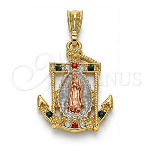 Dije Religioso 05.351.0056.2 Oro Laminado, Diseño de Guadalupe y Ancla, con Cristal Multicolor, Pulido, Tres Tonos