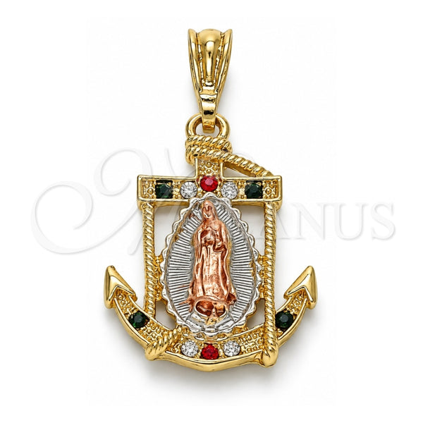 Dije Religioso 05.351.0056.2 Oro Laminado, Diseño de Guadalupe y Ancla, con Cristal Multicolor, Pulido, Tres Tonos