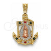 Dije Religioso 05.351.0056.2 Oro Laminado, Diseño de Guadalupe y Ancla, con Cristal Multicolor, Pulido, Tres Tonos