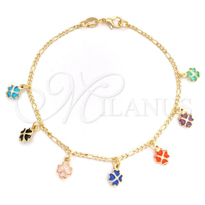 Pulsera de Dije 03.32.0254.07 Oro Laminado, Diseño de Trébol de Cuatro Hojas y Corazón, con Rojo Naranja and Verde Zirconia Cubica, Pulido, Tono Dorado (04 MM Thickness, 7 Inches Length)