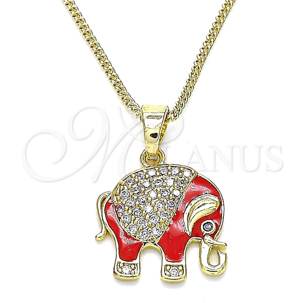 Collares con Dije 04.210.0054.20 Oro Laminado, Diseño de Elefante, con Blanca and Negro Micro Pave, Esmaltado Rojo, Tono Dorado (02 MM Thickness, 20 Inches Length)