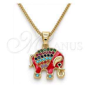 Collares con Dije 04.210.0054.1.20 Oro Laminado, Diseño de Elefante, con Multicolor Micro Pave, Esmaltado Rojo, Tono Dorado (02 MM Thickness, 20 Inches Length)