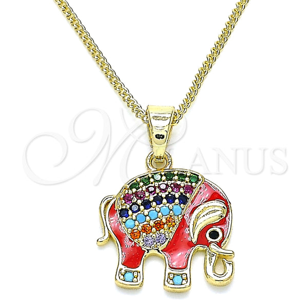 Collares con Dije 04.210.0054.1.20 Oro Laminado, Diseño de Elefante, con Multicolor Micro Pave, Esmaltado Rojo, Tono Dorado (02 MM Thickness, 20 Inches Length)