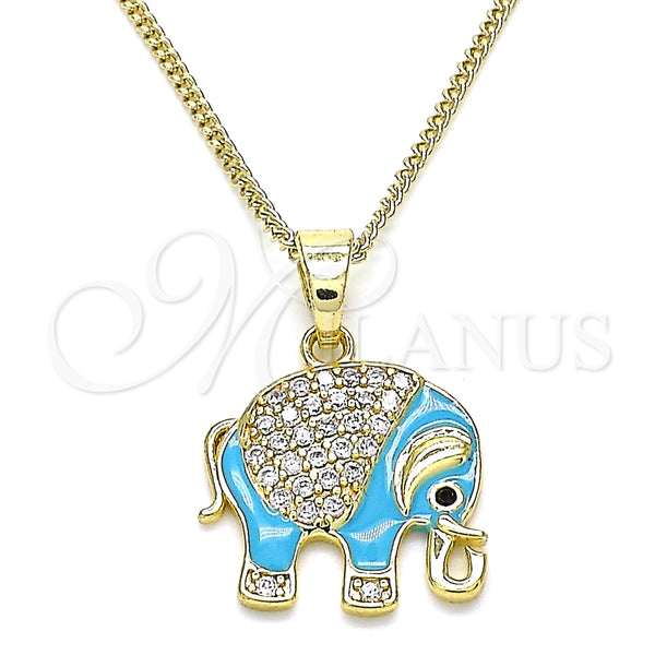 Collares con Dije 04.210.0054.2.20 Oro Laminado, Diseño de Elefante, con Blanca and Negro Micro Pave, Esmaltado Turquesa, Tono Dorado (02 MM Thickness, 20 Inches Length)