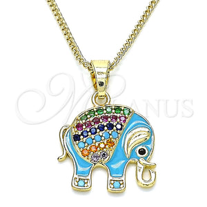 Collares con Dije 04.210.0054.3.20 Oro Laminado, Diseño de Elefante, con Multicolor Micro Pave, Esmaltado Turquesa, Tono Dorado (02 MM Thickness, 20 Inches Length)