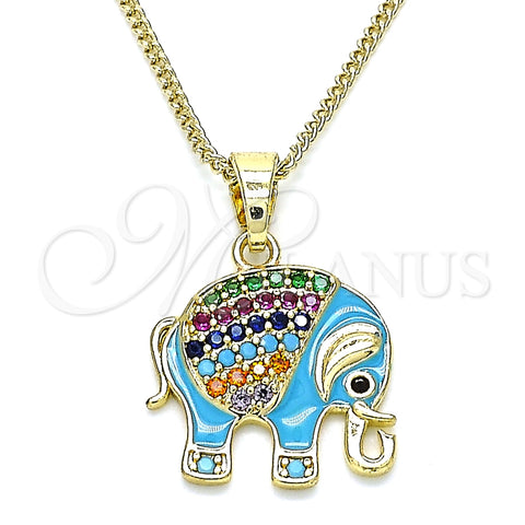 Collares con Dije 04.210.0054.3.20 Oro Laminado, Diseño de Elefante, con Multicolor Micro Pave, Esmaltado Turquesa, Tono Dorado (02 MM Thickness, 20 Inches Length)