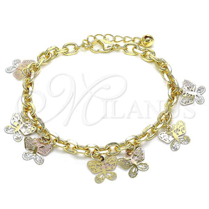 Pulsera de Dije 03.331.0171.08 Oro Laminado, Diseño de Mariposa, Pulido, Tres Tonos (06 MM Thickness, 8 Inches Length)