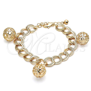 Pulsera de Dije 03.331.0180.08 Oro Laminado, Diseño de Bola, con Blanca Zirconia Cubica, Pulido, Tono Dorado (13 MM Thickness, 8 Inches Length)