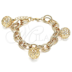 Pulsera de Dije 03.331.0182.08 Oro Laminado, Diseño de Bola, con Blanca Zirconia Cubica, Pulido, Tono Dorado (12 MM Thickness, 8 Inches Length)