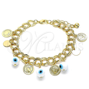 Pulsera de Dije 03.331.0185.08 Oro Laminado, Diseño de Ojo Griego, Resinado Blanco, Tono Dorado (10 MM Thickness, 8 Inches Length)
