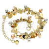 Pulsera de Dije 03.331.0187.08 Oro Laminado, Diseño de Bola y Corazón, Pulido, Tres Tonos (Grosor 05 MM, 8 Pulgadas de Largo)
