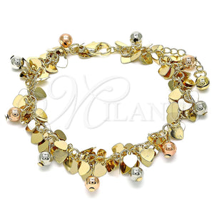 Pulsera de Dije 03.331.0187.08 Oro Laminado, Diseño de Bola y Corazón, Pulido, Tres Tonos (Grosor 05 MM, 8 Pulgadas de Largo)