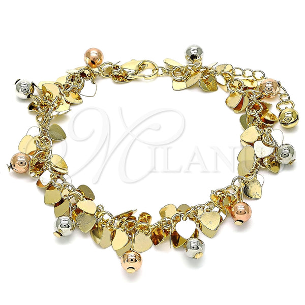 Pulsera de Dije 03.331.0187.08 Oro Laminado, Diseño de Bola y Corazón, Pulido, Tres Tonos (Grosor 05 MM, 8 Pulgadas de Largo)