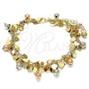 Pulsera de Dije 03.331.0187.08 Oro Laminado, Diseño de Bola y Corazón, Pulido, Tres Tonos (Grosor 05 MM, 8 Pulgadas de Largo)