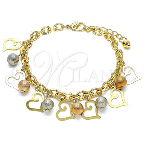 Pulsera de Dije 03.331.0188.08 Oro Laminado, Diseño de Bola y Corazón, Mate, Tres Tonos (06 MM Thickness, 8 Inches Length)