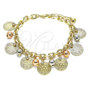 Pulsera de Dije 03.331.0189.08 Oro Laminado, Diseño de Flor y Bola, con Blanca Cristal, Pulido, Tres Tonos (07 MM Thickness, 8 Inches Length)
