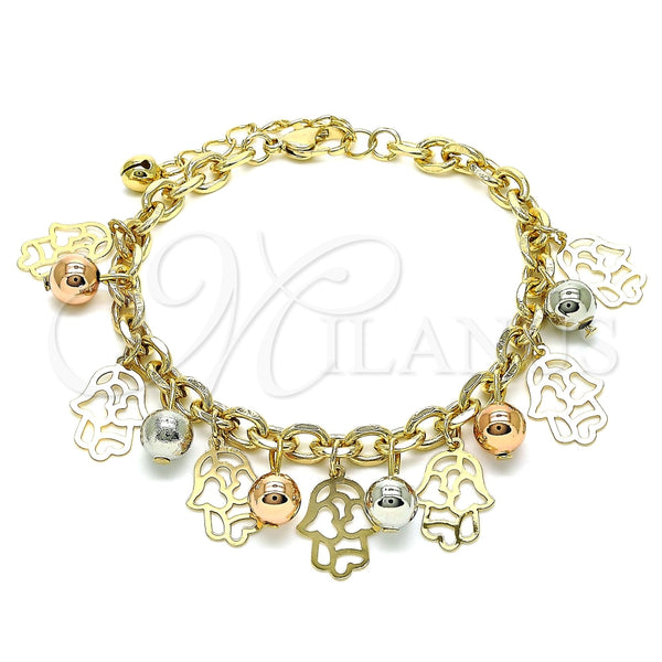 Pulsera de Dije 03.331.0190.08 Oro Laminado, Diseño de Mano de Dios y Bola, Pulido, Tres Tonos (06 MM Thickness, 8 Inches Length)