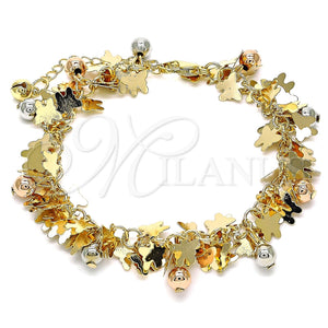 Pulsera de Dije 03.331.0191.08 Oro Laminado, Diseño de Mariposa y Bola, Pulido, Tres Tonos (05 MM Thickness, 8 Inches Length)