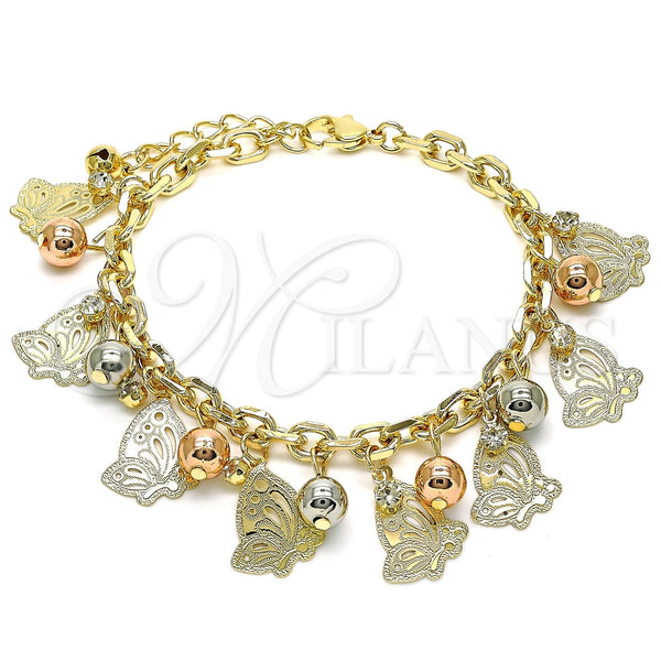 Pulsera de Dije 03.331.0192.08 Oro Laminado, Diseño de Mariposa y Bola, con Blanca Cristal, Pulido, Tres Tonos (06 MM Thickness, 8 Inches Length)