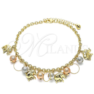Pulsera de Dije 03.331.0193.09 Oro Laminado, Diseño de Elefante y Bola, Mate, Tres Tonos (04 MM Thickness, 9 Inches Length)