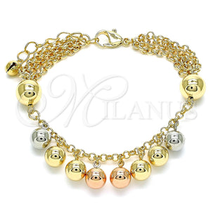 Pulsera de Dije 03.331.0194.08 Oro Laminado, Diseño de Bola, Pulido, Tres Tonos (03 MM Thickness, 8 Inches Length)