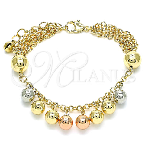 Pulsera de Dije 03.331.0194.08 Oro Laminado, Diseño de Bola, Pulido, Tres Tonos (03 MM Thickness, 8 Inches Length)