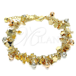 Pulsera de Dije 03.331.0196.07 Oro Laminado, Diseño de Flor y Bola, Pulido, Tres Tonos (05 MM Thickness, 7 Inches Length)