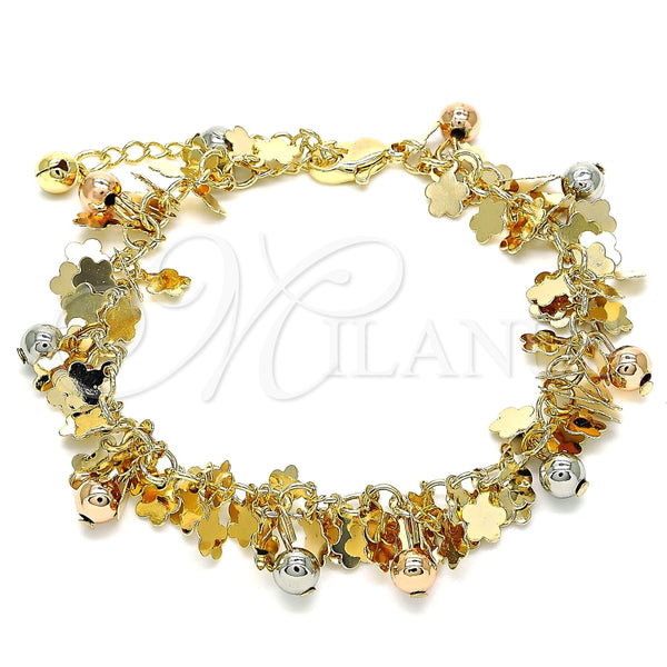 Pulsera de Dije 03.331.0196.07 Oro Laminado, Diseño de Flor y Bola, Pulido, Tres Tonos (05 MM Thickness, 7 Inches Length)
