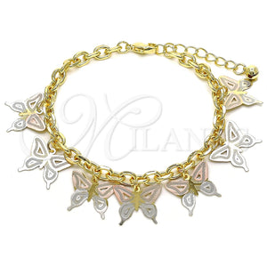 Pulsera de Dije 03.331.0198.08 Oro Laminado, Diseño de Mariposa, Pulido, Tres Tonos (06 MM Thickness, 8 Inches Length)