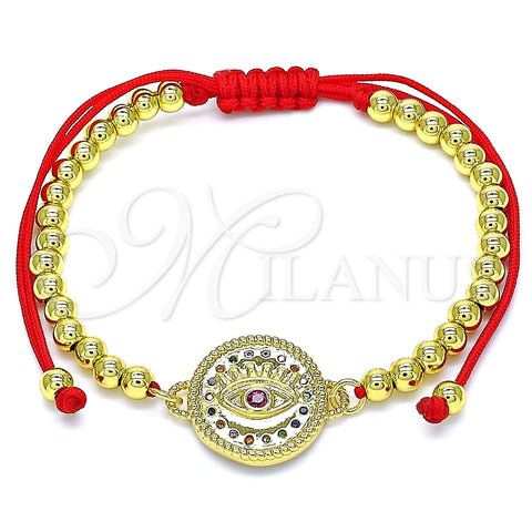 Pulsera Bolo Ajustable 03.381.0001.11 Oro Laminado, Diseño de Ojo Griego y Bola, con Rubi Zirconia Cubica and Multicolor Micro Pave, Pulido, Tono Dorado (04 MM Thickness, 11 Inches Length)