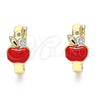 Argolla Huggie 02.210.0494.15 Oro Laminado, Diseño de Manzana, con Blanca Zirconia Cubica, Esmaltado Rojo, Tono Dorado