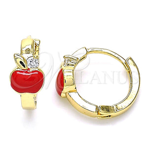 Argolla Huggie 02.210.0494.15 Oro Laminado, Diseño de Manzana, con Blanca Zirconia Cubica, Esmaltado Rojo, Tono Dorado