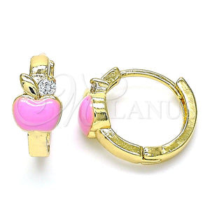 Argolla Huggie 02.210.0494.1.15 Oro Laminado, Diseño de Manzana, con Blanca Zirconia Cubica, Esmaltado Rosado, Tono Dorado