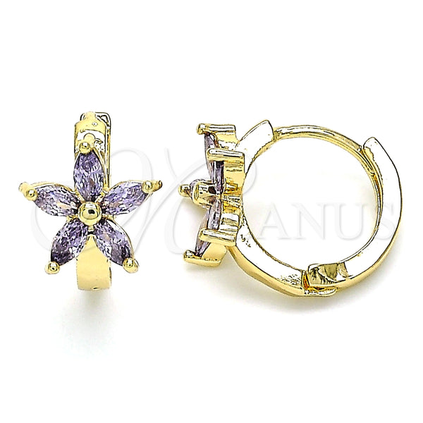 Argolla Huggie 02.210.0496.3.15 Oro Laminado, Diseño de Flor, con Amatista Zirconia Cubica, Pulido, Tono Dorado