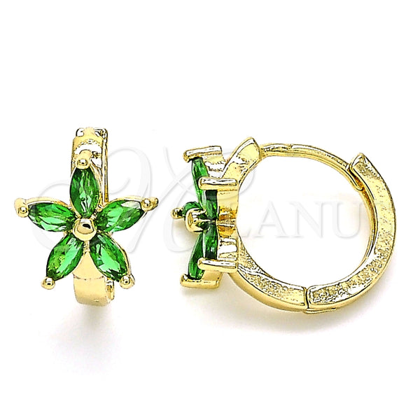 Argolla Huggie 02.210.0496.5.15 Oro Laminado, Diseño de Flor, con Verde Zirconia Cubica, Pulido, Tono Dorado