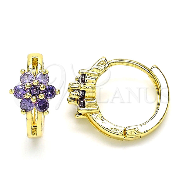 Argolla Huggie 02.210.0497.3.15 Oro Laminado, Diseño de Flor, con Amatista Zirconia Cubica, Pulido, Tono Dorado