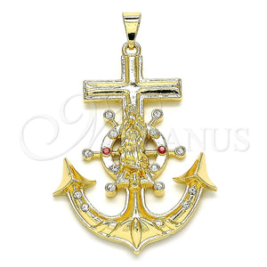 Dije Religioso 05.213.0111 Oro Laminado, Diseño de Guadalupe y Ancla, con Granate and Blanca Cristal, Pulido, Tono Dorado