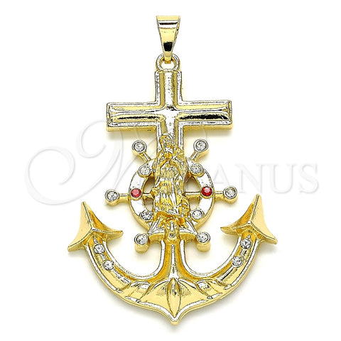 Dije Religioso 05.213.0111 Oro Laminado, Diseño de Guadalupe y Ancla, con Granate and Blanca Cristal, Pulido, Tono Dorado