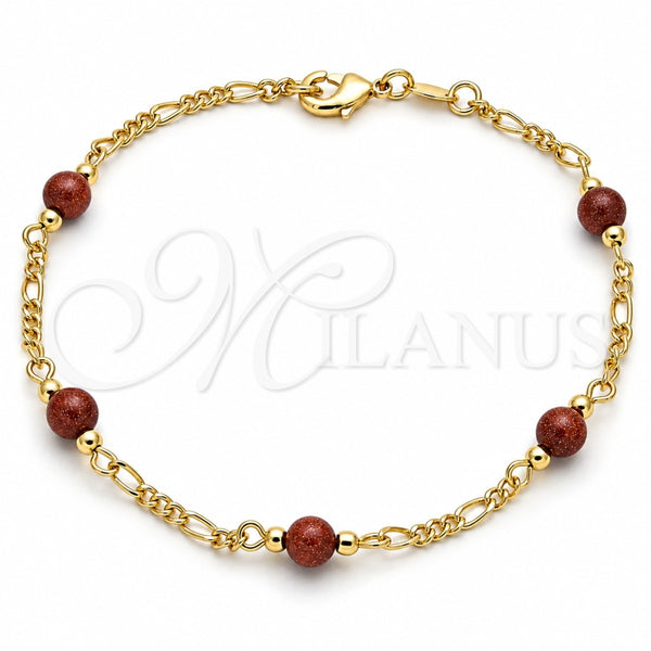 Tobillera Elegante 04.63.1410.10 Oro Laminado, Diseño de Bola, con Onix Negro Goldstone Venturina, Pulido, Tono Dorado (03 MM Thickness, 10 Inches Length)