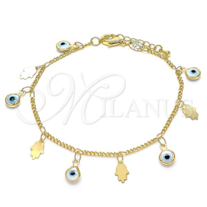 Pulsera de Dije 03.169.0005.08 Oro Laminado, Diseño de Ojo Griego y Mano de Dios, Resinado Blanco, Tono Dorado (02 MM Thickness, 8 Inches Length)