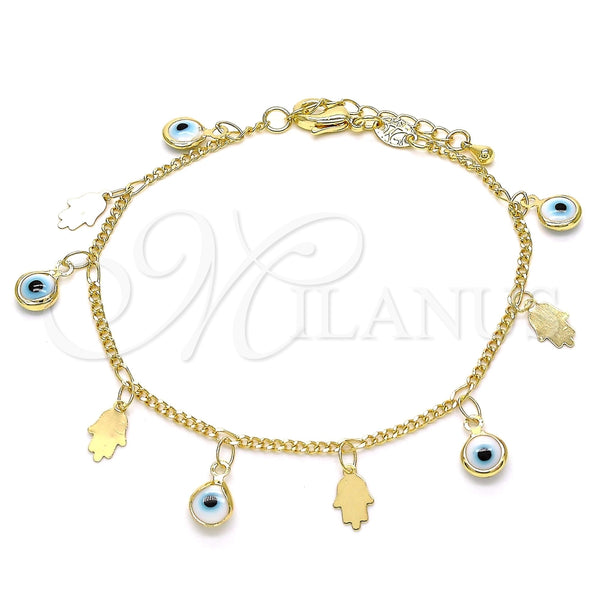 Pulsera de Dije 03.169.0005.08 Oro Laminado, Diseño de Ojo Griego y Mano de Dios, Resinado Blanco, Tono Dorado (02 MM Thickness, 8 Inches Length)