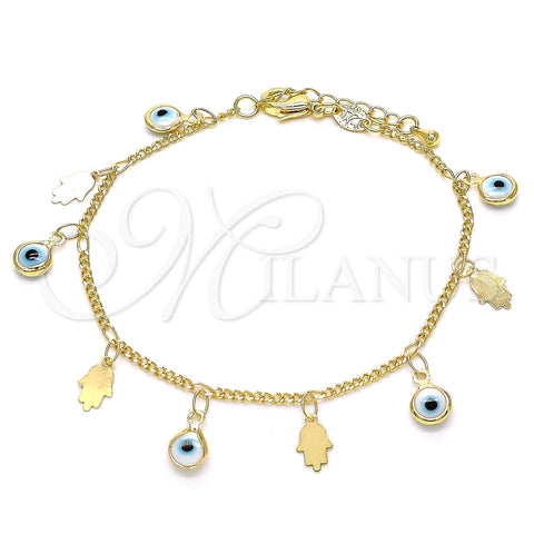 Pulsera de Dije 03.169.0005.08 Oro Laminado, Diseño de Ojo Griego y Mano de Dios, Resinado Blanco, Tono Dorado (02 MM Thickness, 8 Inches Length)