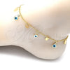 Tobillera de Dije 03.169.0005.10 Oro Laminado, Diseño de Ojo Griego y Mano de Dios, Resinado Blanco, Tono Dorado (02 MM Thickness, 10 Inches Length)