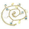 Tobillera de Dije 03.169.0005.10 Oro Laminado, Diseño de Ojo Griego y Mano de Dios, Resinado Blanco, Tono Dorado (02 MM Thickness, 10 Inches Length)