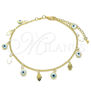 Tobillera de Dije 03.169.0005.10 Oro Laminado, Diseño de Ojo Griego y Mano de Dios, Resinado Blanco, Tono Dorado (02 MM Thickness, 10 Inches Length)