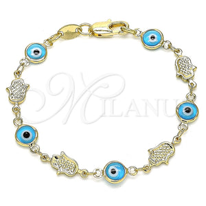 Pulsera Elegante 03.326.0007.3.06 Oro Laminado, Diseño de Ojo Griego y Mano de Dios, Resinado Turquesa, Tono Dorado (07 MM Thickness, 6 Inches Length)