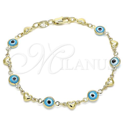 Pulsera Elegante 03.326.0008.3.08 Oro Laminado, Diseño de Ojo Griego y Corazón, Resinado Turquesa, Tono Dorado (07 MM Thickness, 8 Inches Length)