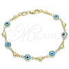 Pulsera Elegante 03.326.0008.3.08 Oro Laminado, Diseño de Ojo Griego y Corazón, Resinado Turquesa, Tono Dorado (07 MM Thickness, 8 Inches Length)